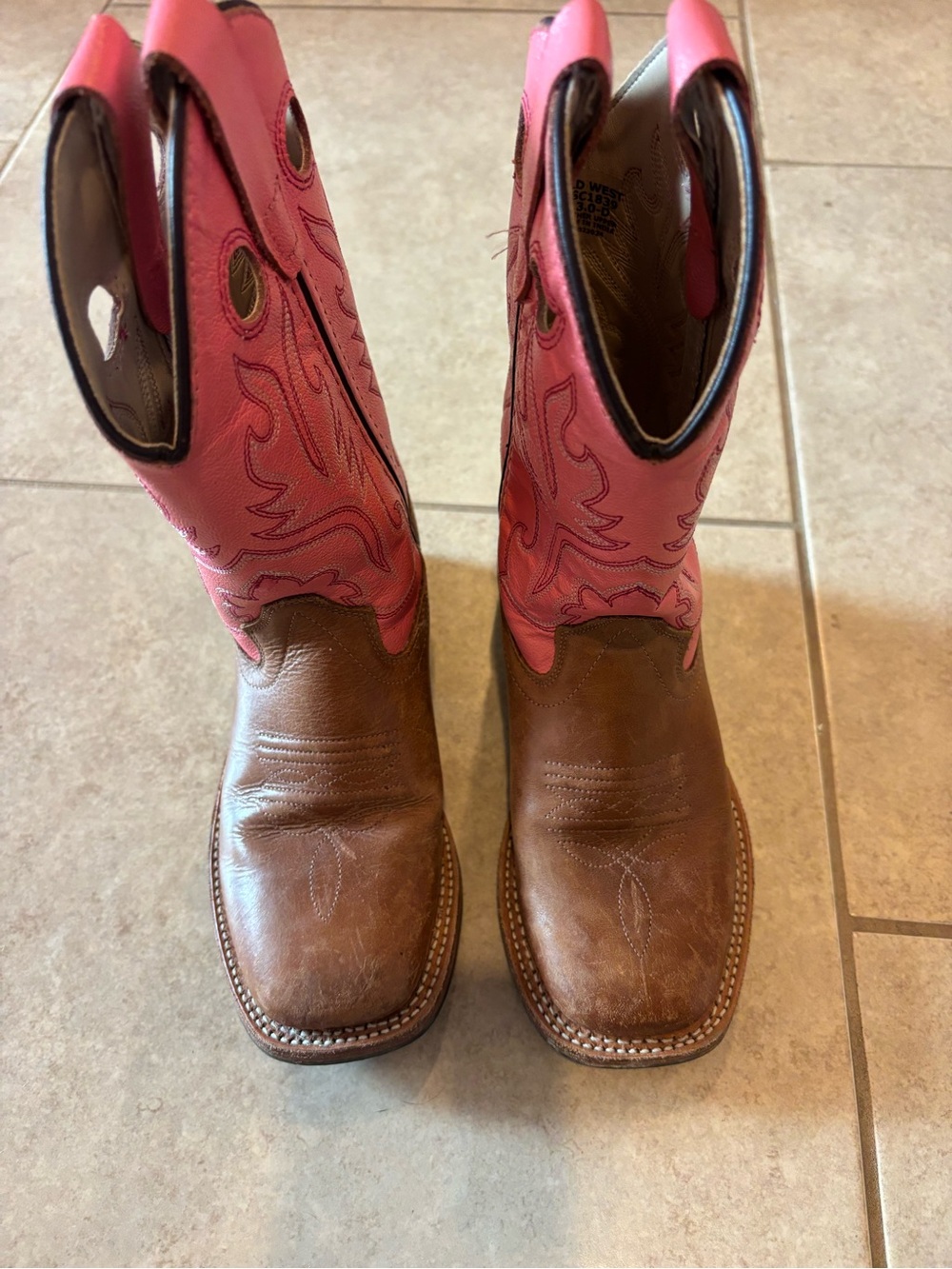 Old West Pink and Brown Lace-Up Western Boots